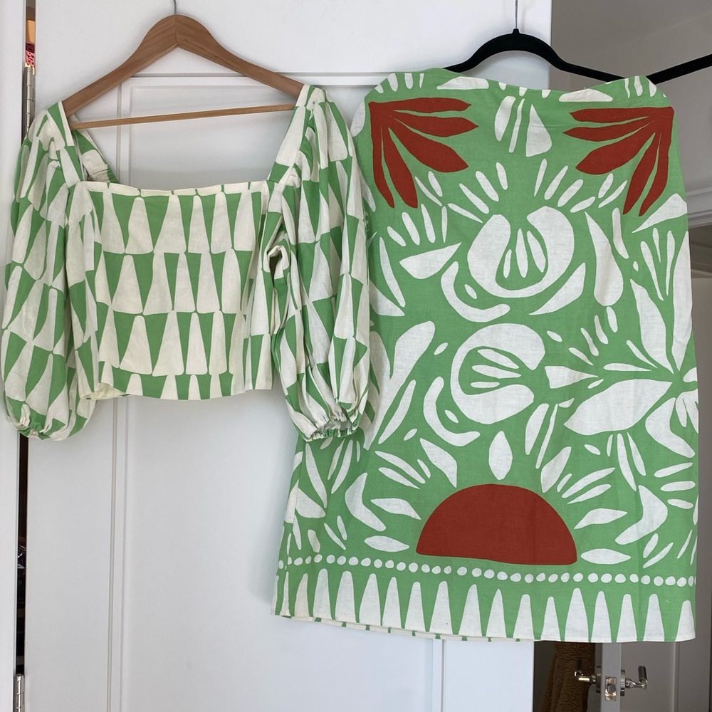 Green and White Skirt Set